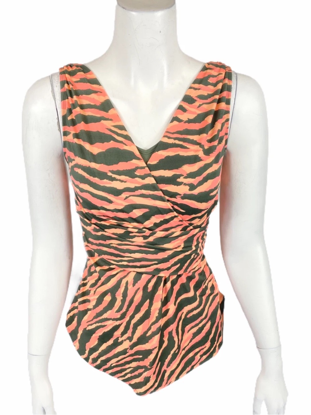 Denim & Co One Piece Swim Dress Sz 8 Zebra Print Green/Orange Faux Wrap Slimming